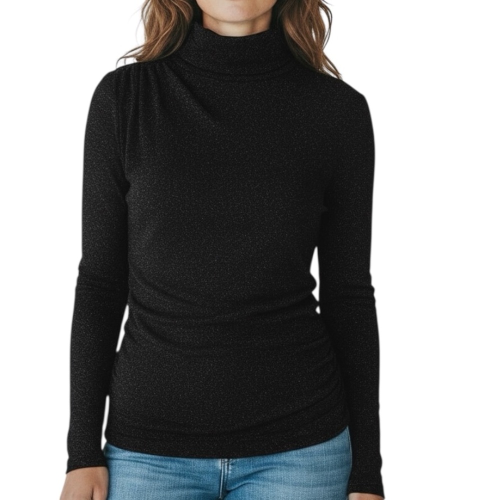 NWT WHITE HOUSE BLACK MARKET Black Shimmer Long Sleeve Mock Neck Top Size Large